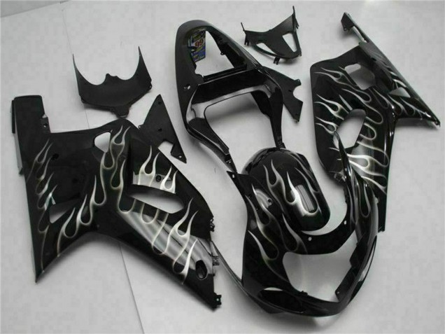 2001-2003 Suzuki GSXR 600/750 Motorcycle Fairings - Glossy Black Silver Flame