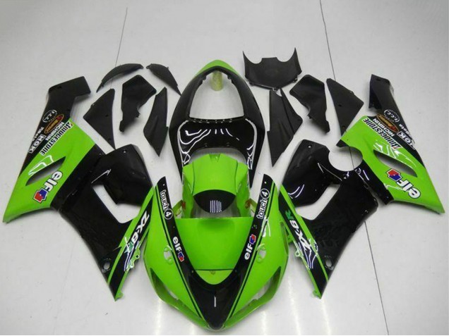 2005-2006 Kawasaki ZX6R Motorcycle Fairings - Green Glossy Black Elf