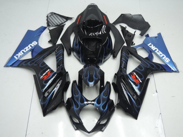2007-2008 Suzuki GSXR 1000 Motorcycle Fairing Kits - Glossy Black Blue Flame