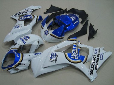 2007-2008 Suzuki GSXR 1000 Motorcycle Fairings - White Blue Lucky Strike