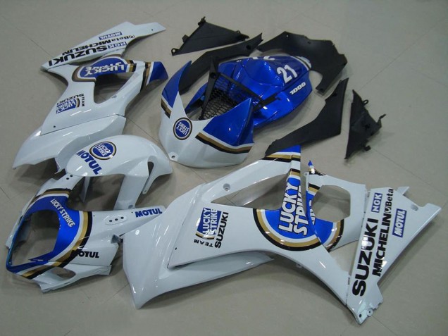 2007-2008 Suzuki GSXR 1000 Motorcycle Fairings - White Blue Lucky Strike