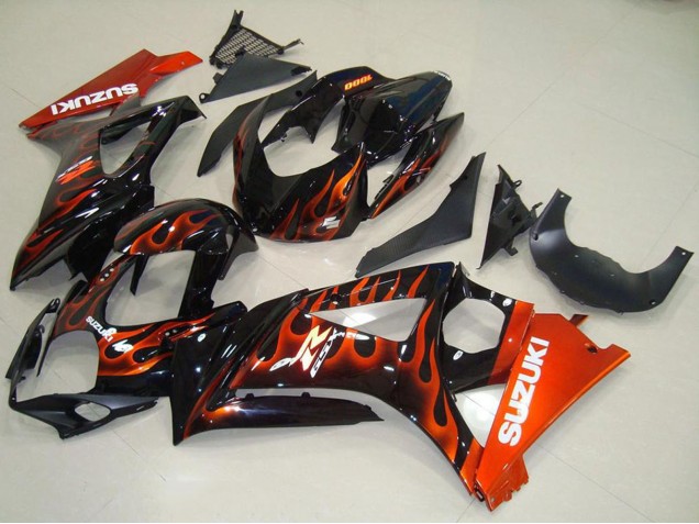 2007-2008 Suzuki GSXR 1000 Motorcycle Fairings - Glossy Black Orange Flame