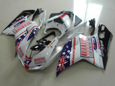 2007-2014 Ducati 848 1098 1198 Motorcycle Fairings - White Blue Red Glossy Black American Flag Tim 27
