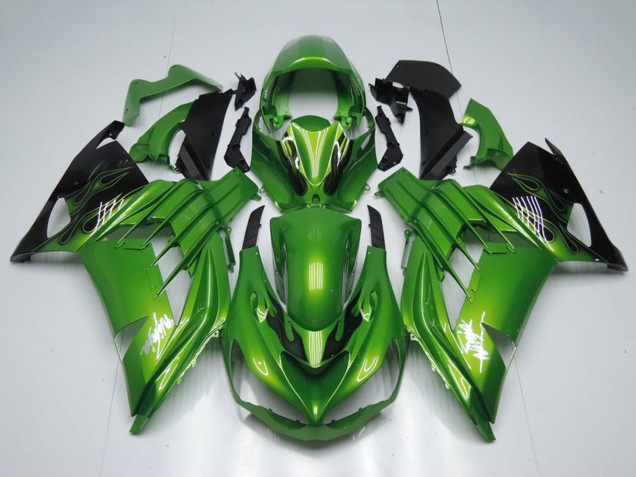 2012-2024 Kawasaki ZX14R ZZR1400 Motorcycle Fairings - Green Glossy Black Flame White Ninja