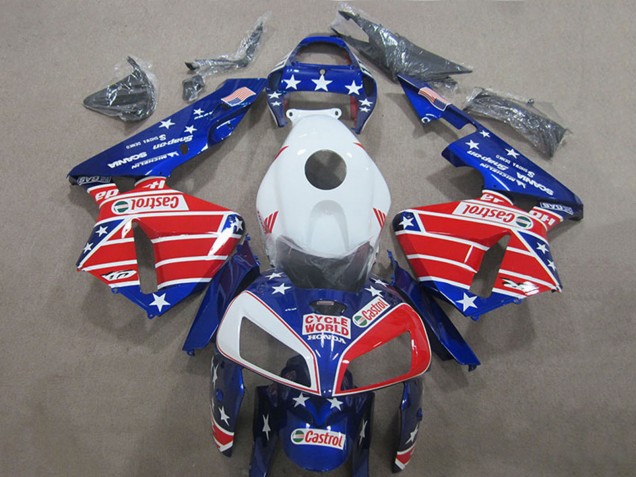 2005-2006 Honda CBR600RR Motorcycle Fairings - White Red Blue Cycle World Castrol