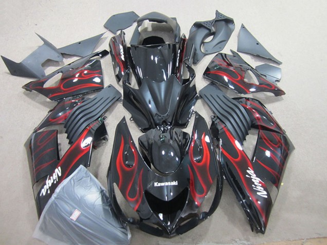 2006-2011 Kawasaki ZX14R ZZR1400 Motorcycle Fairing - Glossy Black Red Flame