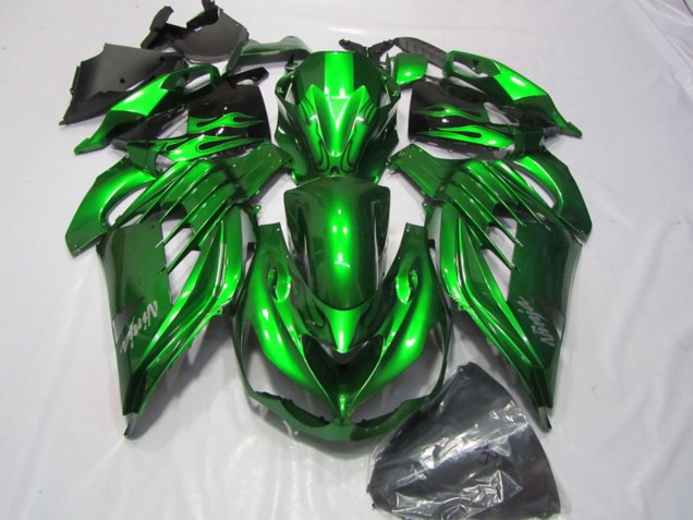 2012-2024 Kawasaki ZX14R ZZR1400 Motorcycle Fairings - Green Glossy Black Silver Ninja