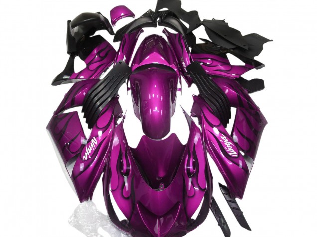 2006-2011 Kawasaki ZX14R Motorcycle Fairing - Purple Black Flame White Ninja