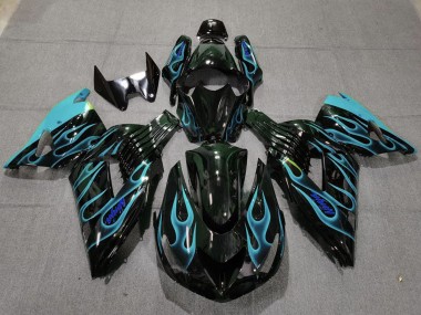 2006-2011 Kawasaki ZX14R Motorcycle Fairings - Glossy Black Light Blue Flame
