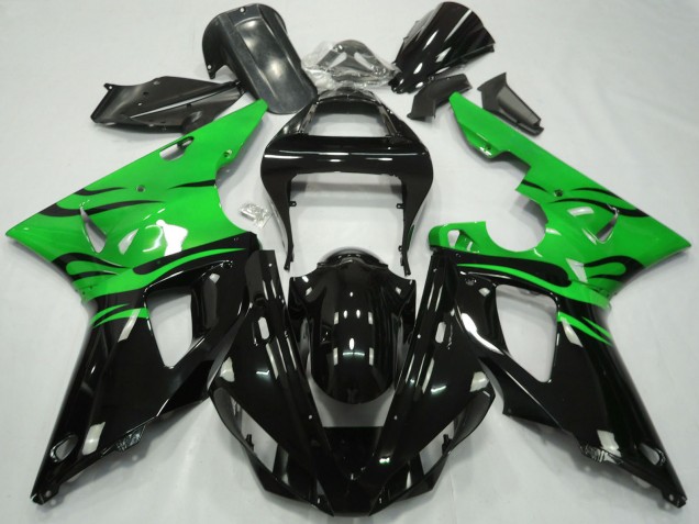 2000-2001 Yamaha R1 Motorcycle Fairings - Green Glossy Black Flame