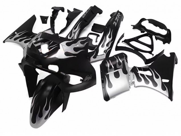 1998-2003 Kawasaki ZZR600 Motorcycle Fairings - Glossy Black Silver Flame