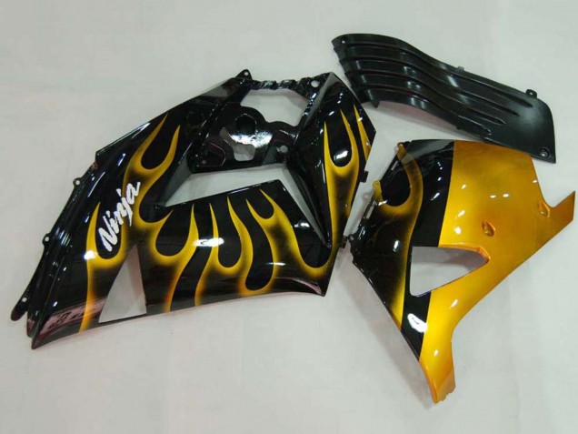 2006-2011 Kawasaki ZX14R ZZR1400 Motorcycle Fairings - Glossy Black Gold Flame
