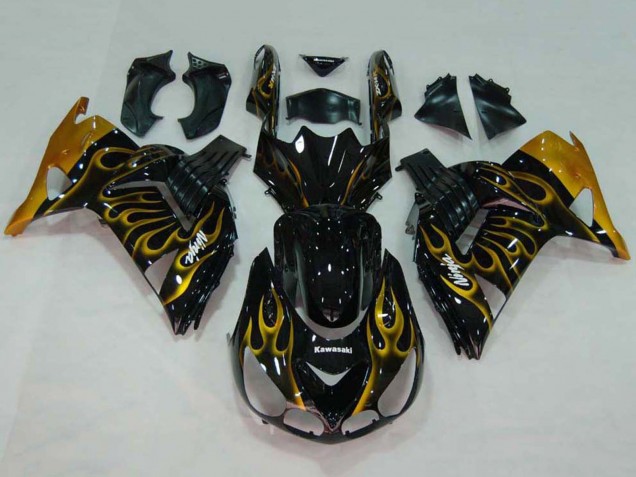 2006-2011 Kawasaki ZX14R ZZR1400 Motorcycle Fairings - Glossy Black Gold Flame