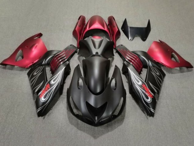 2006-2011 Kawasaki ZX14R ZZR1400 Motorcycle Fairings - Matte Black Red Silver Flame