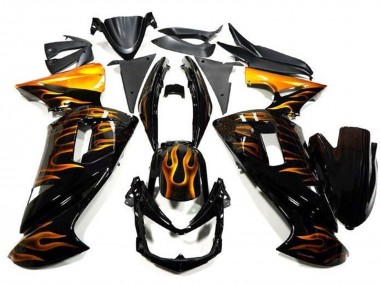 2006-2008 Kawasaki Ninja 650 EX650 Motorcycle Fairings - Glossy Black Gold Flame