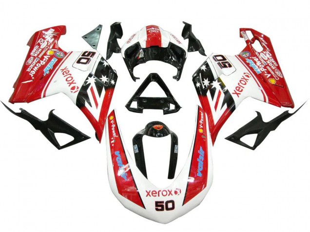 2007-2014 Ducati 848 1098 1198 Motorcycle Fairings - White Red Glossy Black Valsir Xerox 50