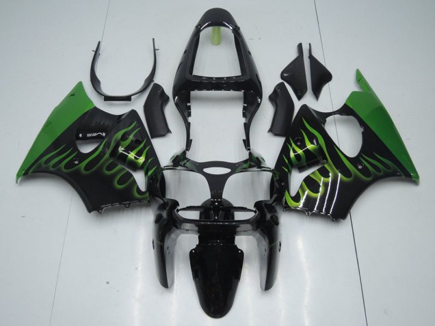 Black with Green Flame 2000-2002 Kawasaki ZX6R Motorcycle Fairings Black with Green Flame 2000-2002 Kawasaki ZX6R Motorcycle Fairings